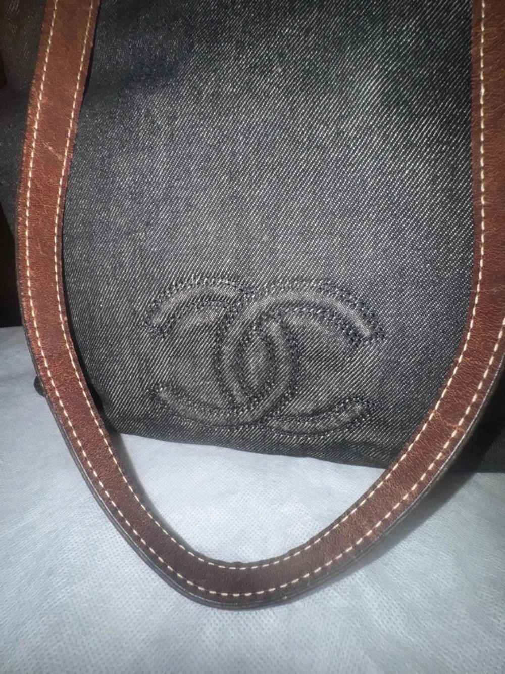 CHANEL Dark Gray Denim Tote with Brown Leather Straps - Picture 4 of 16